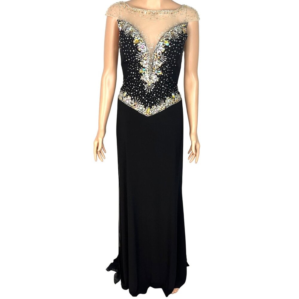 Panoply Black Rhinestone Embellished Mesh Illusion Gown Size 6 W Sheer Neckline - Picture 10 of 13